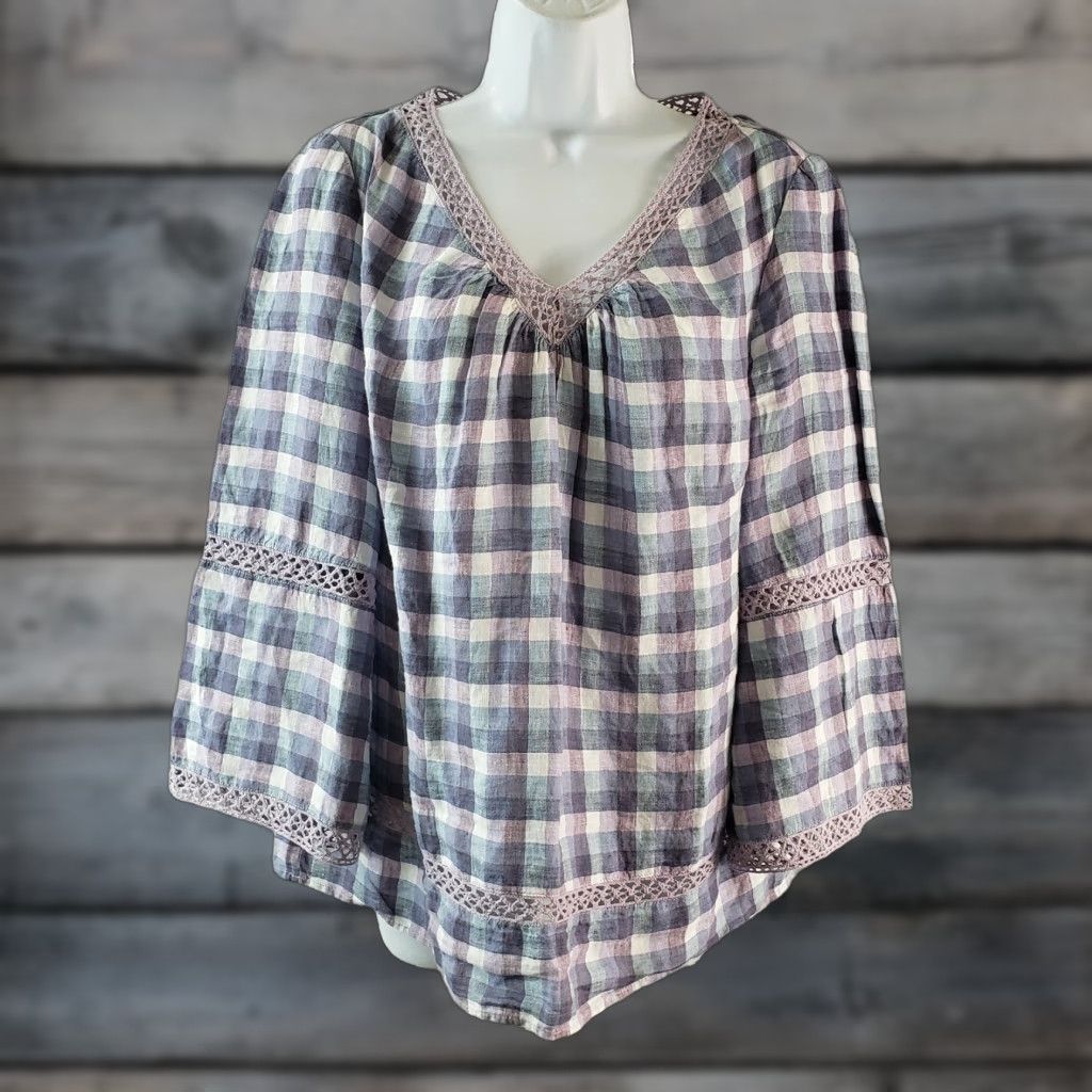 Vintage Chico's Womens Linen Top Sz Medium Purple Blue Checks Crochet Lace Shirt Womens 90s Vintage? Size M / US 6-8 / IT 42-44 - 1 Thumbnail