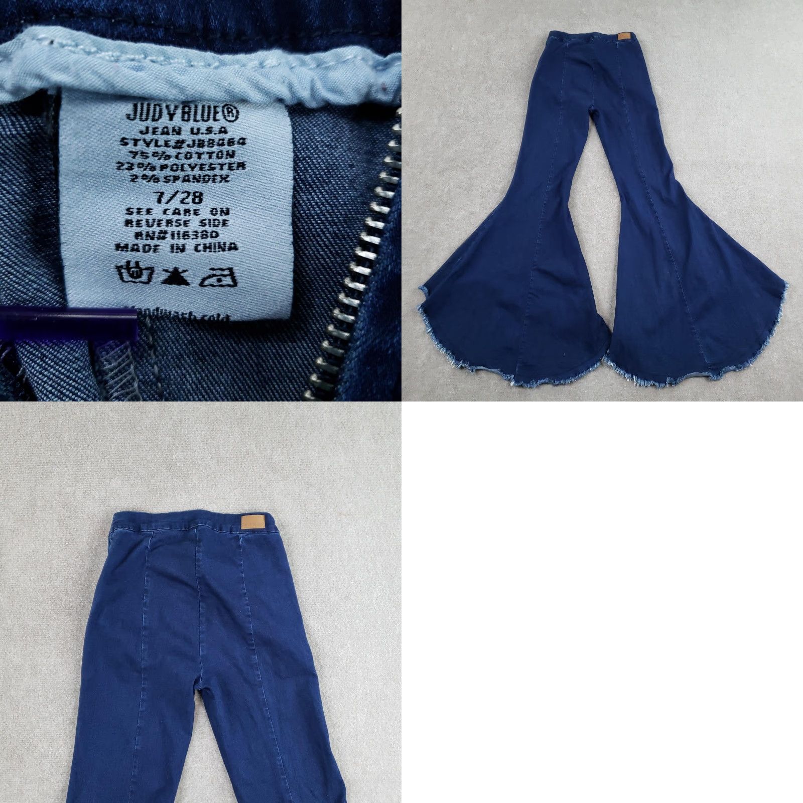 Vintage Judy Blue Jeans Womens High Rise Blue Super Flare Bell Bottoms 28 32 Inseam Distressed Stretch Raw Hem Fringe Zipper Jeans Boys? Size 28" / US 6 / IT 42 - 10 Thumbnail