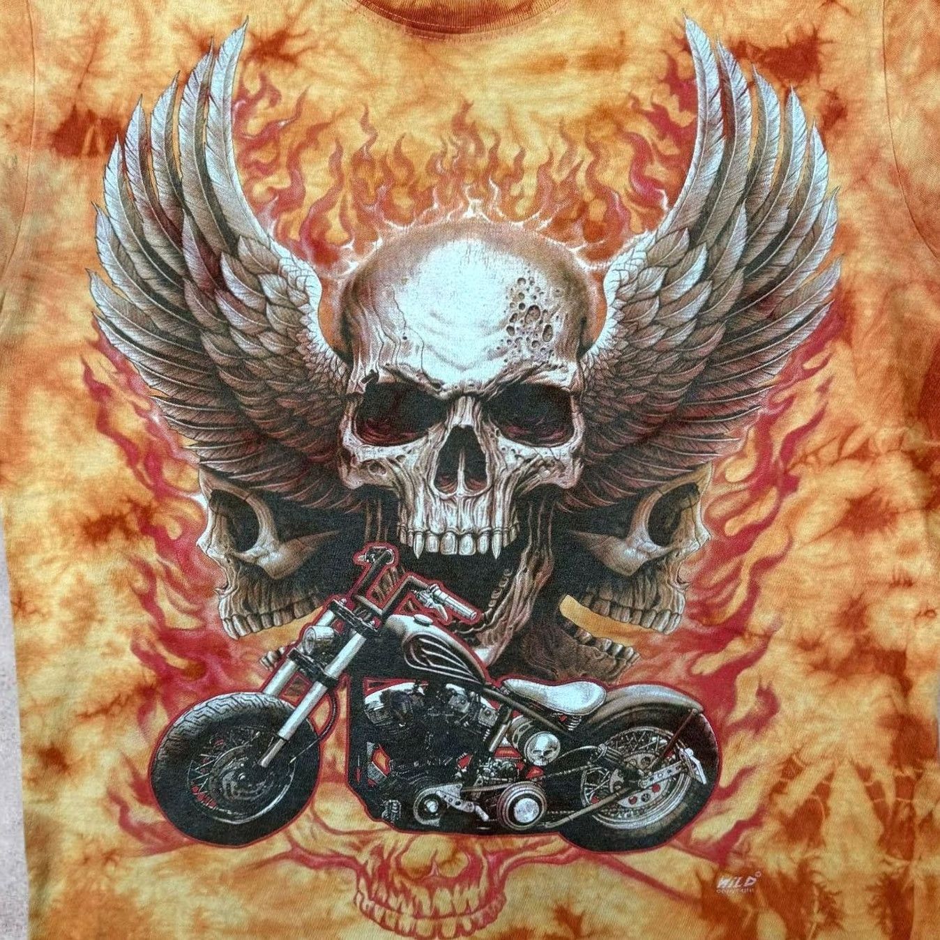 Vintage Wild Goth Biker Skull Graphic Orange Tie Dye Cotton T-Shirt Medium Size US M / EU 48-50 / 2 - 4 Thumbnail