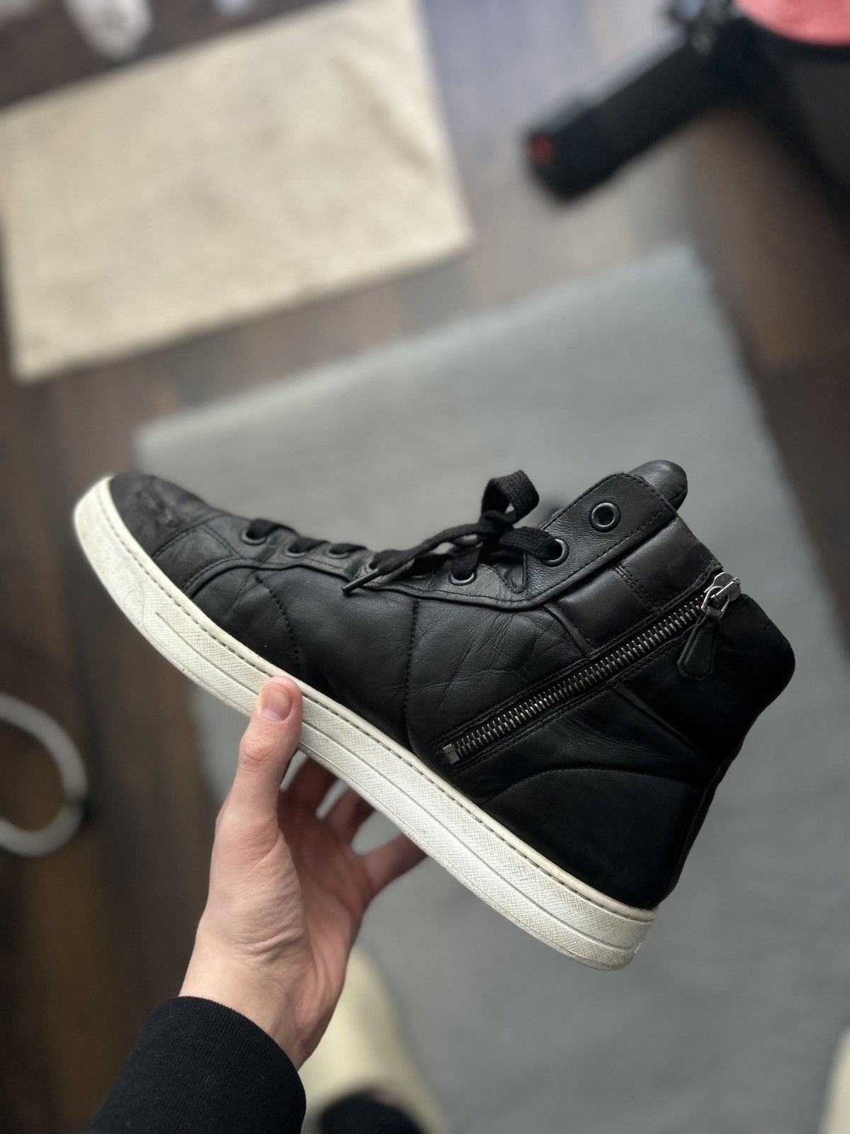Prada Prada 4T2596 dark blue high top leather sneakers Linea Rossa Size US 11.5 / EU 44-45 - 8 Thumbnail