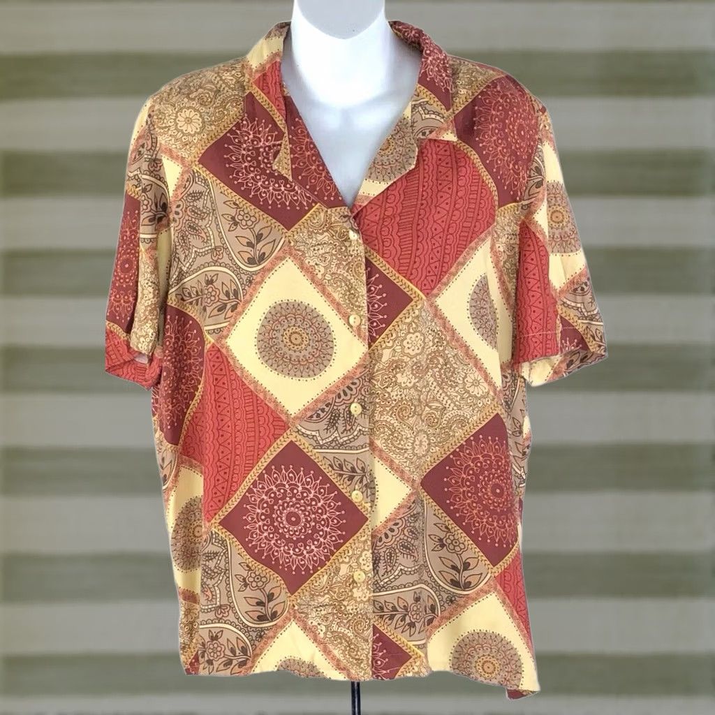 Vintage VINTAGE Alfred Dunner Top Womens 16P Tan Rust Geo Short Sleeve Boho Hippie Career 2000s Size XXL / US 16-18 / IT 52-54 - 1 Thumbnail