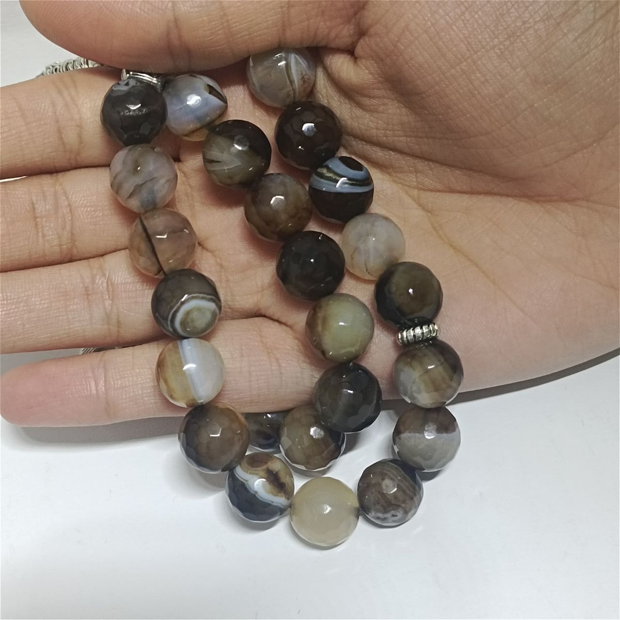 33 agate stone prayer beads silver crescent charms tassel