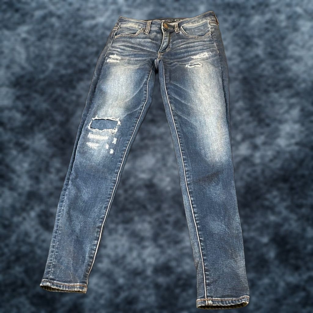 Vintage American Eagle Denim Jeggings Jeans Distressed Dark Wash Stretch Womens 2 26x27" Jeans Blue Slim Pockets Zipper Button 90s? Size 26" / US 2 / IT 38 - 1 Thumbnail