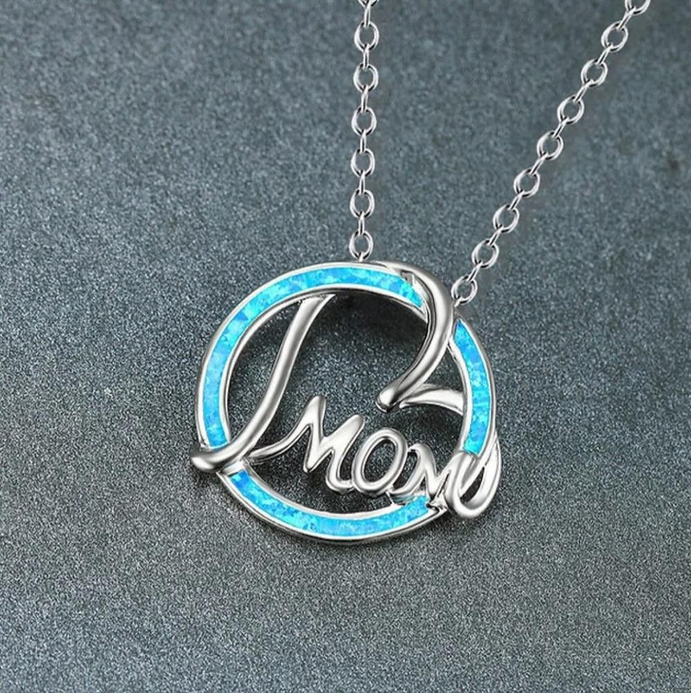 Designer Round Blue Opal Mom Heart Silver Necklace Size ONE SIZE - 3 Thumbnail