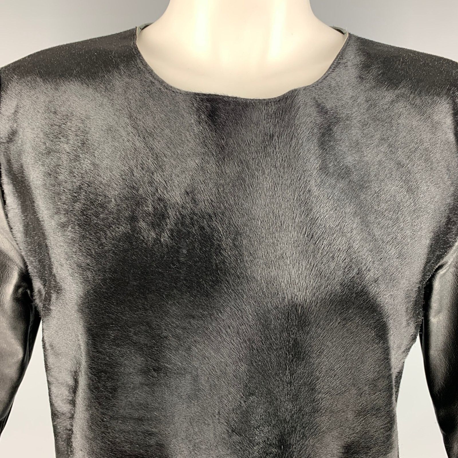 Other IRIS and INK Black Leather Calf Hair 3/4 Sleeves Casual Top Size M / US 6-8 / IT 42-44 - 2 Thumbnail
