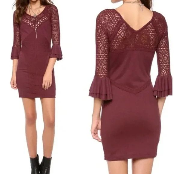 image of Free People Crochet Detail Ruffle Cuff Dress in Plumberry, Women's (Size Medium)