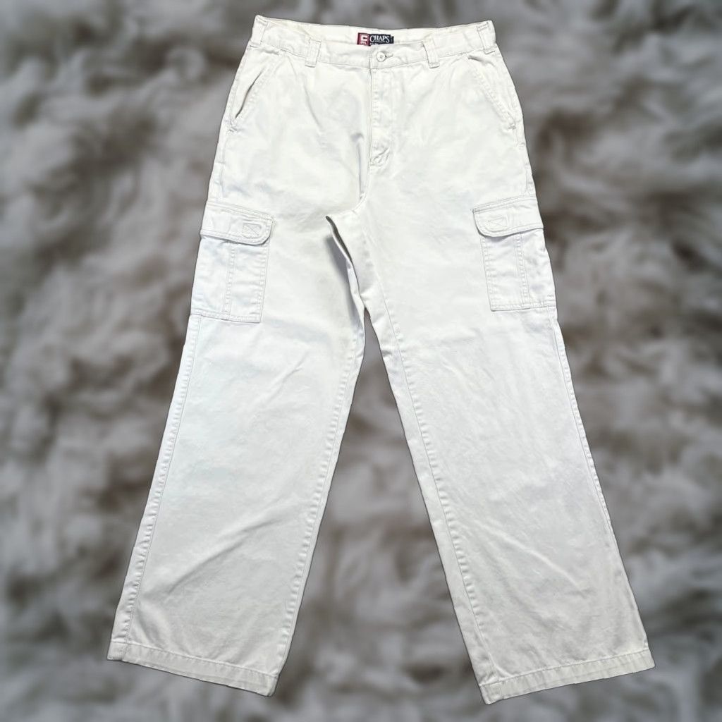 Ralph Lauren VINTAGE Chaps Ralph Lauren Cargo Pants Mens 33x32 White Beige Cotton Cargo Pocket Zipper Y2k 90s Style Workwear Casual Regular Mens Size US 33 - 1 Thumbnail