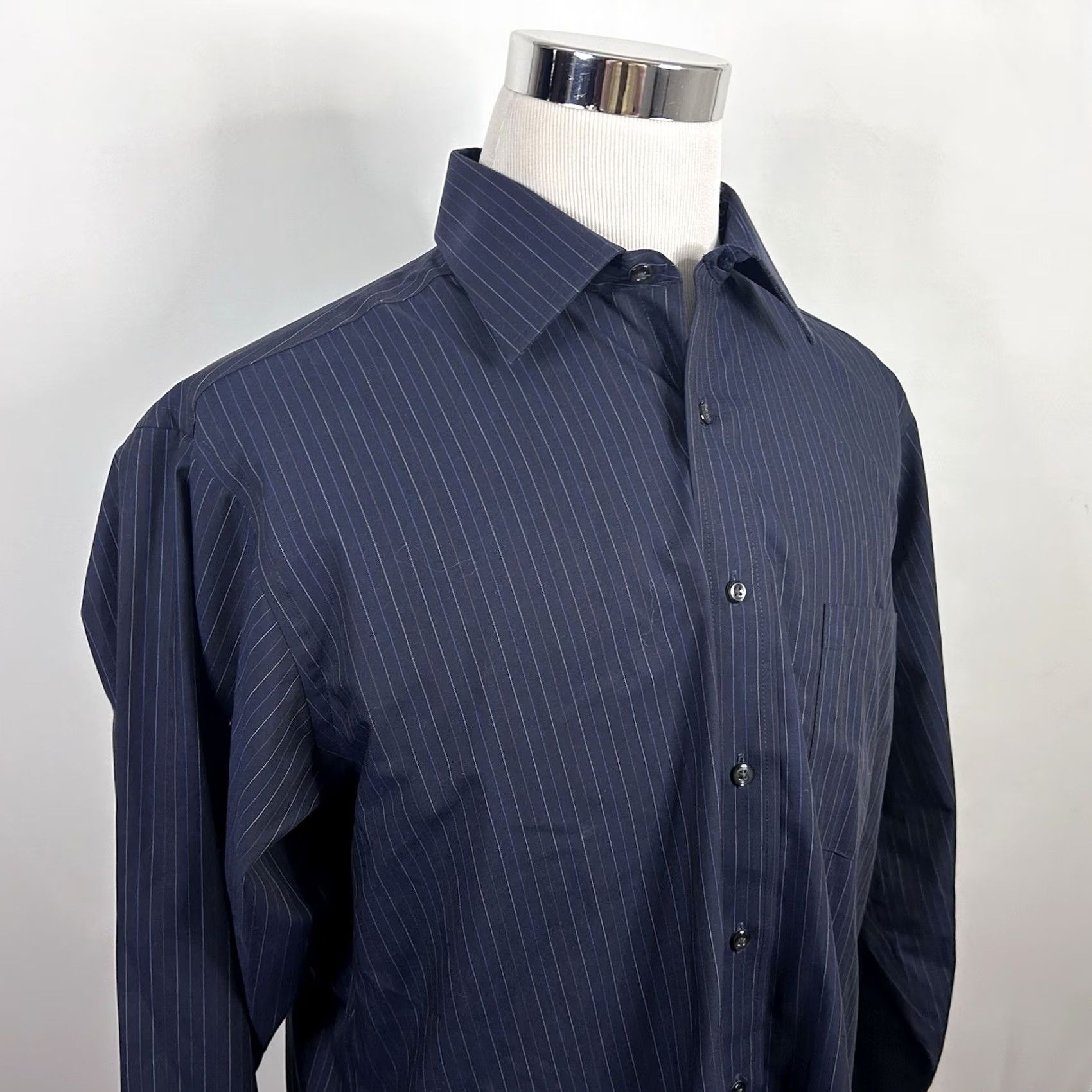 Vintage Donald J Trump Dress Shirt 16.5 36/37 Non Iron Navy Blue Striped 100% Cotton Mens Size 46R - 2 Thumbnail
