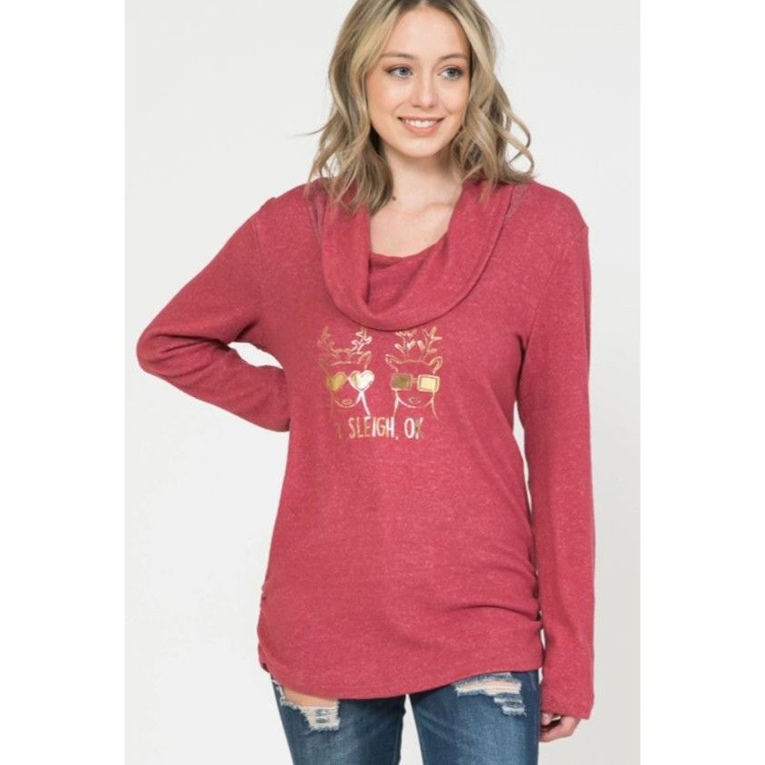 Other Red Cowl Neck Long Sleeve Large Christmas Top With "Sleigh Size L / US 10 / IT 46 - 1 Thumbnail