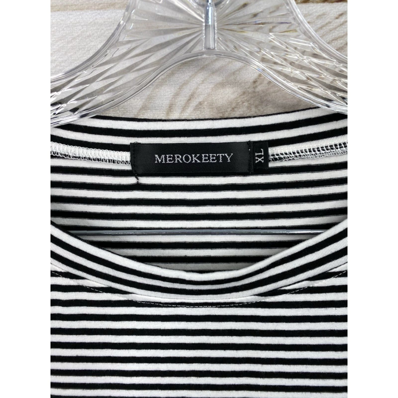 Vintage Merokeety Dress XL Black White Stripe Pockets Short Slv Belted Stretch Knit Dress Size 40" / US 18 - 5 Thumbnail