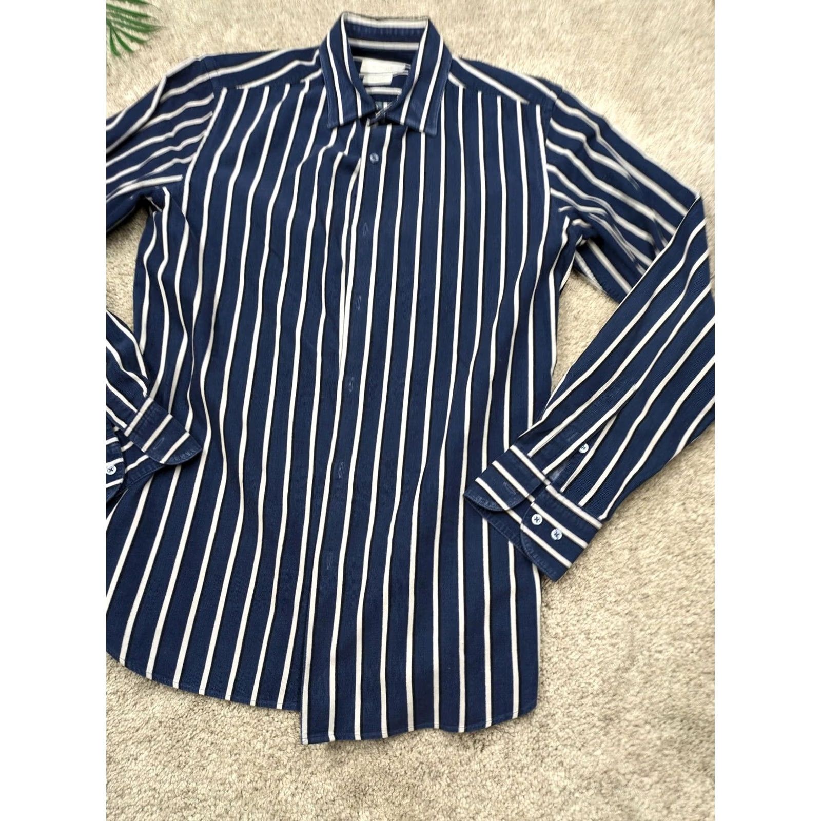 Massimo Dutti Massimo Dutti Mens Medium Blue Stripe Button Front Long Sleeve Shirt Size US M / EU 48-50 / 2 - 2 Thumbnail