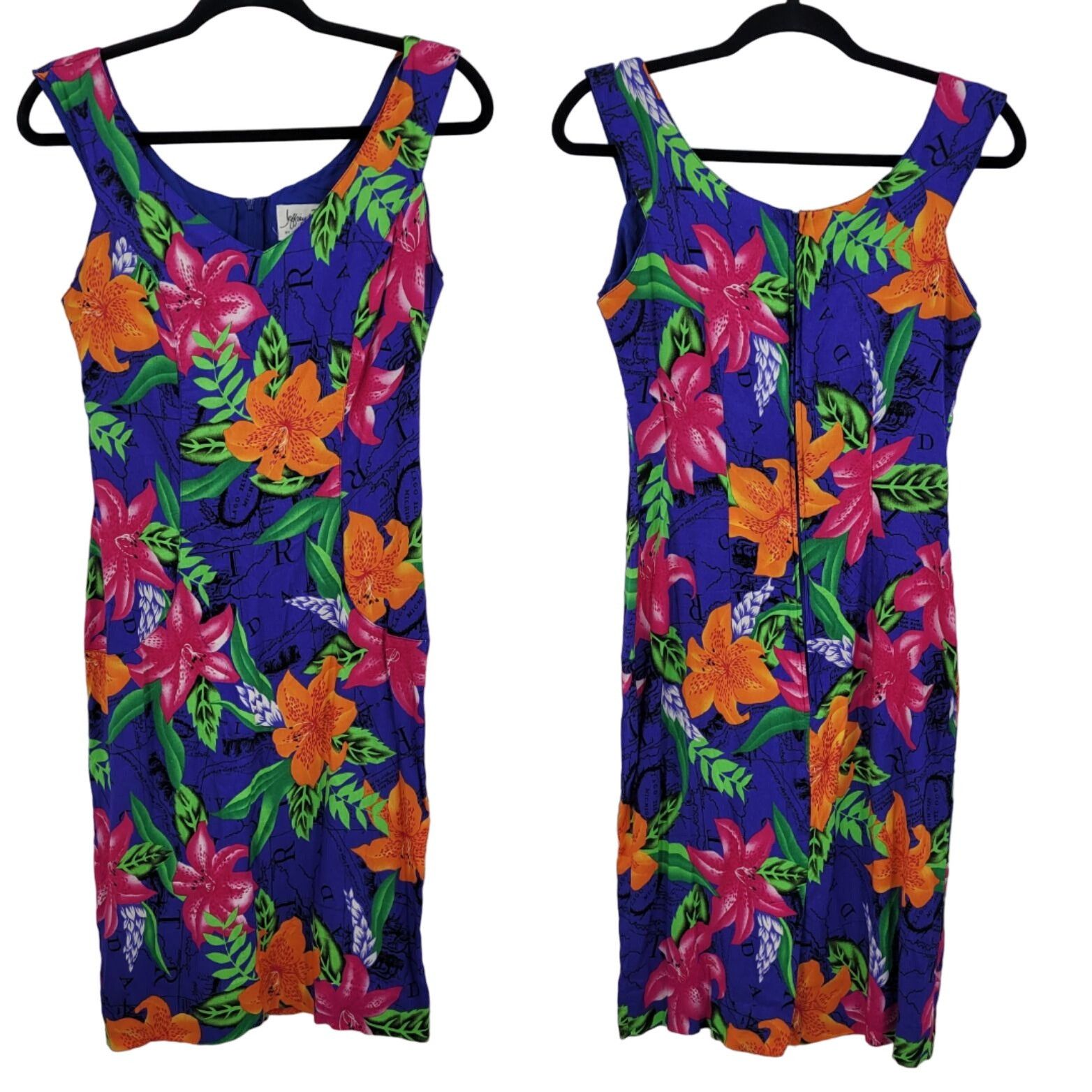 Vintage Blue Tropical Floral Sleeveless Mini Sheath Dress L