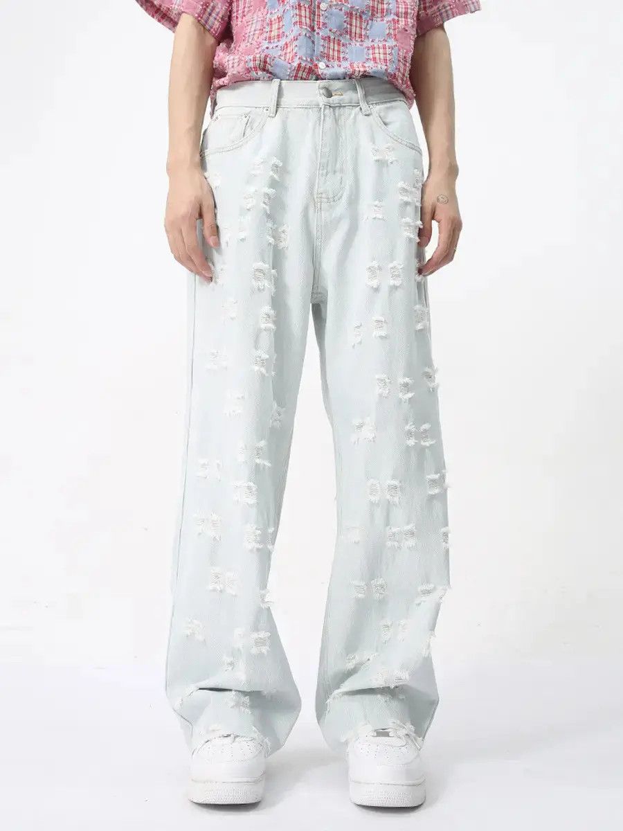 Japanese Brand Retro loose jacquard ripped jeans Size US 32 / EU 48 - 2 Thumbnail