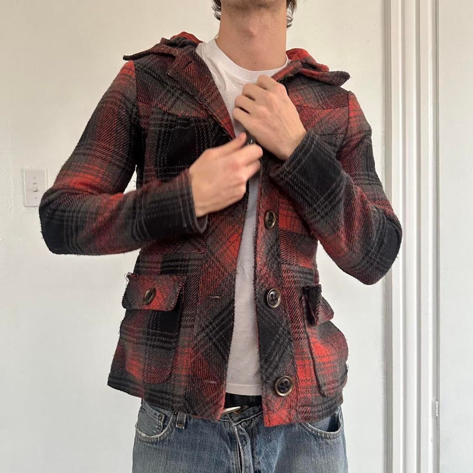 BKE × Vintage Vintage Y2K BKE Red Plaid Hooded Wool Peacoat Blazer Jacket Size M / US 6-8 / IT 42-44 - 7 Thumbnail