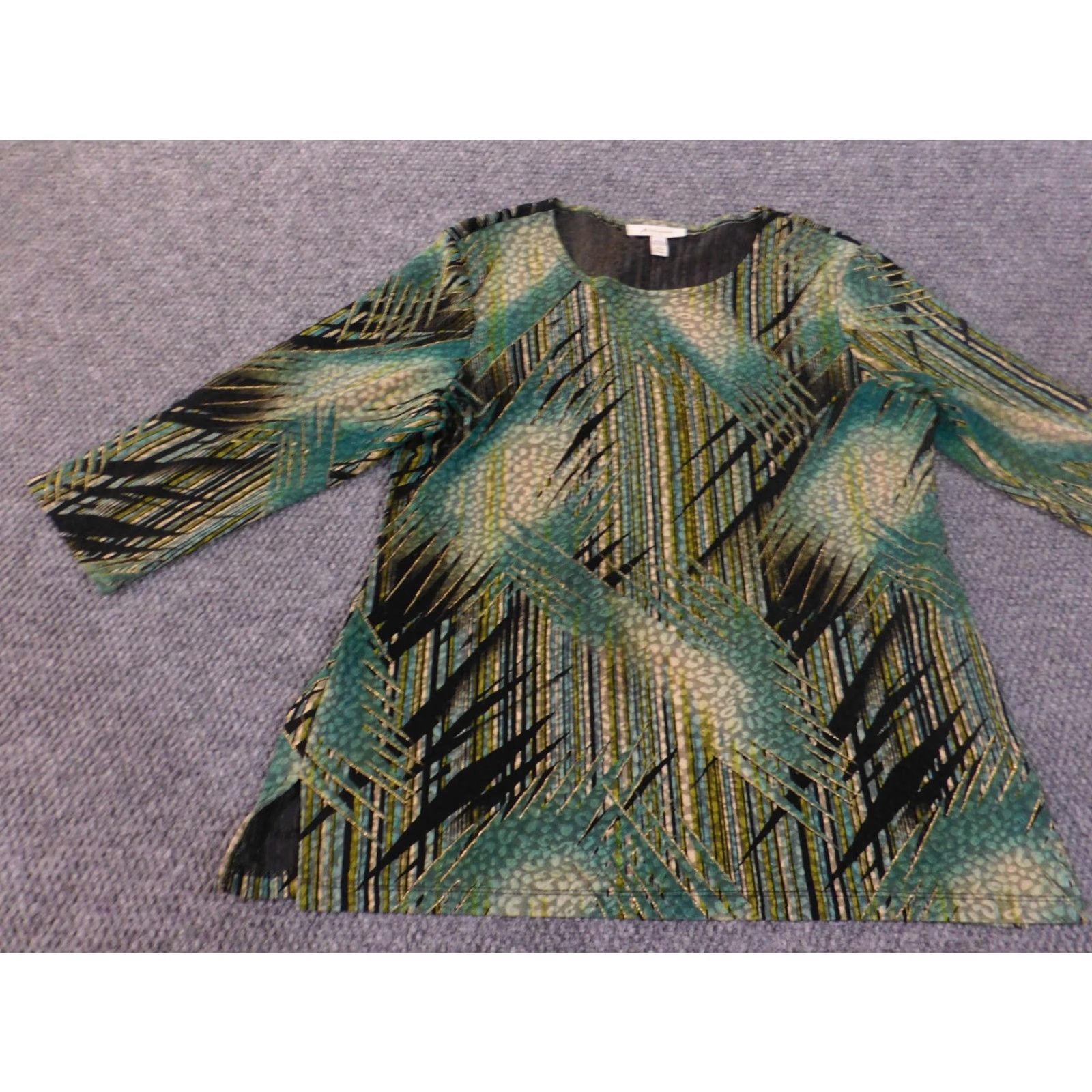 JM Collection JM Collection Blouse Shirt Womens Regular Stretch Geometric Crew Neck Green Long Sleeve L (Large) Size L / US 10 / IT 46 - 3 Thumbnail