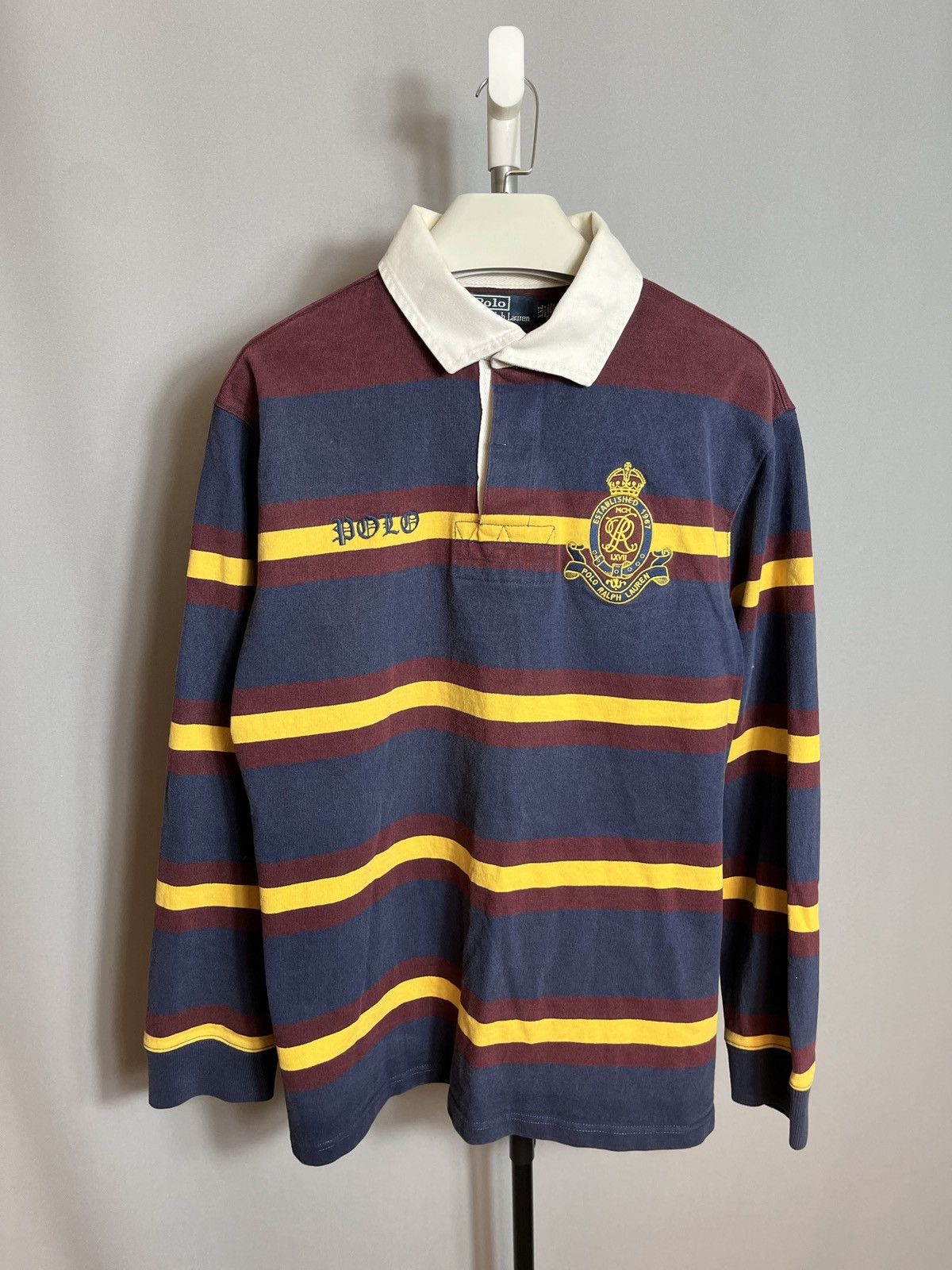 Polo Ralph Lauren × RRL Ralph Lauren × Vintage Polo Ralph Lauren Rugby Sweatshirt Striped Big Logo 90s №8 Size US XXL / EU 58 / 5 - 1 Thumbnail