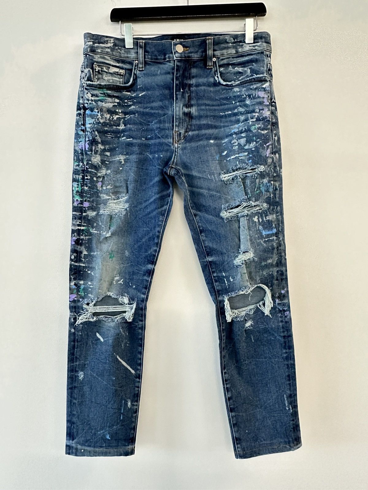 Pantalon jean skinny AMIRI Artpatch avec applications patchwork bleu