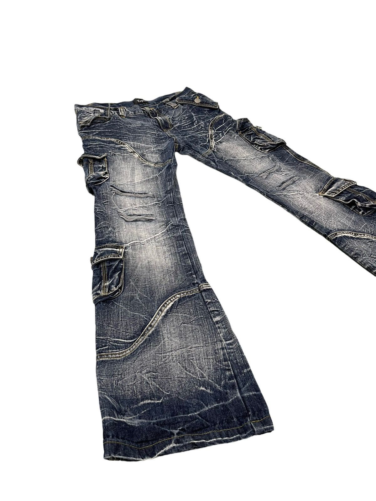 Japanese Brand Flare Jeans Cargo Topism Distress Acid Wash Boot Cut 7🟦4 Size US 33 - 1 Thumbnail