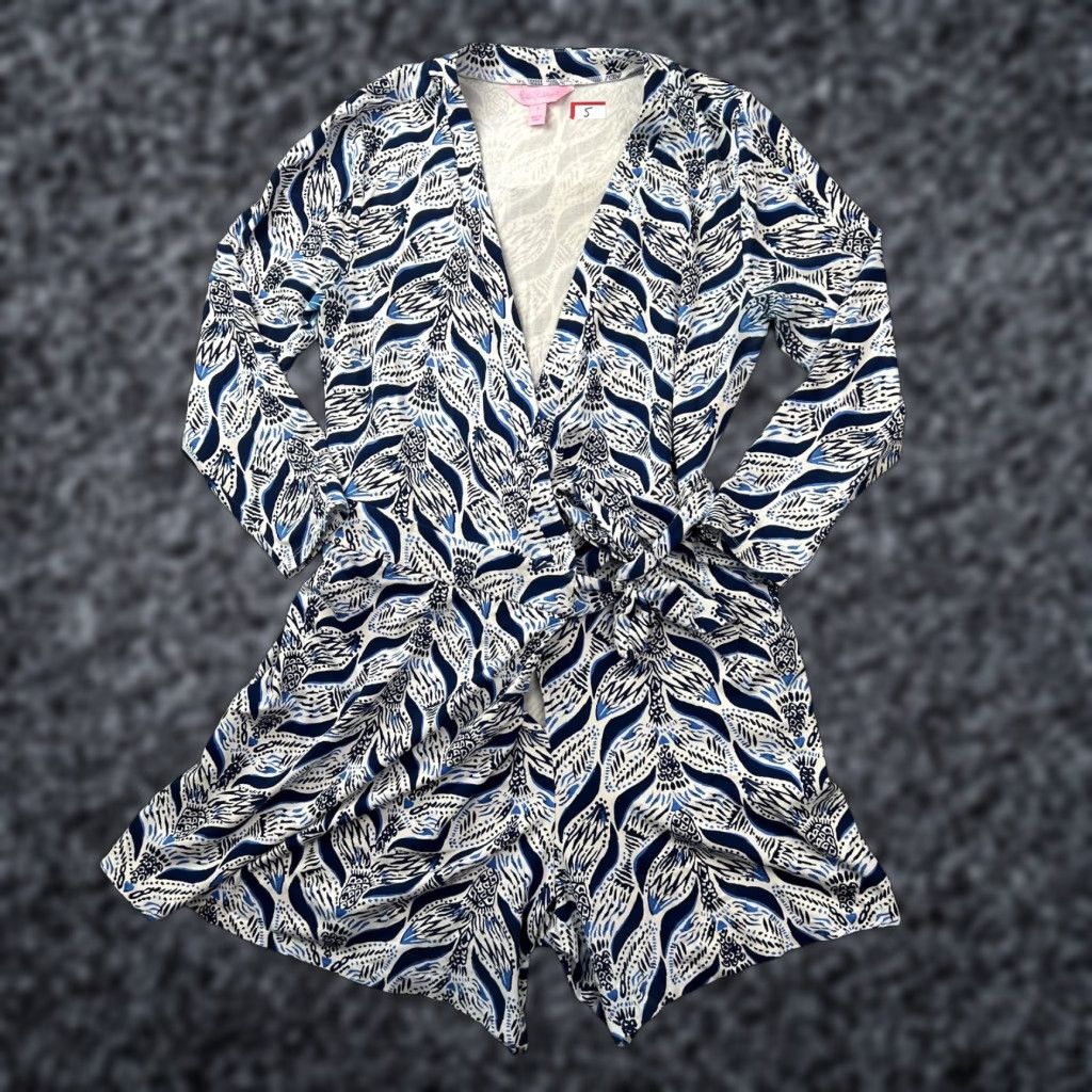 Lilly Pulitzer Lilly Pulitzer Romper Womens S Blue White Print Wrap Tie Waist Long Sleeve Size S / US 4 / IT 40 - 1 Thumbnail