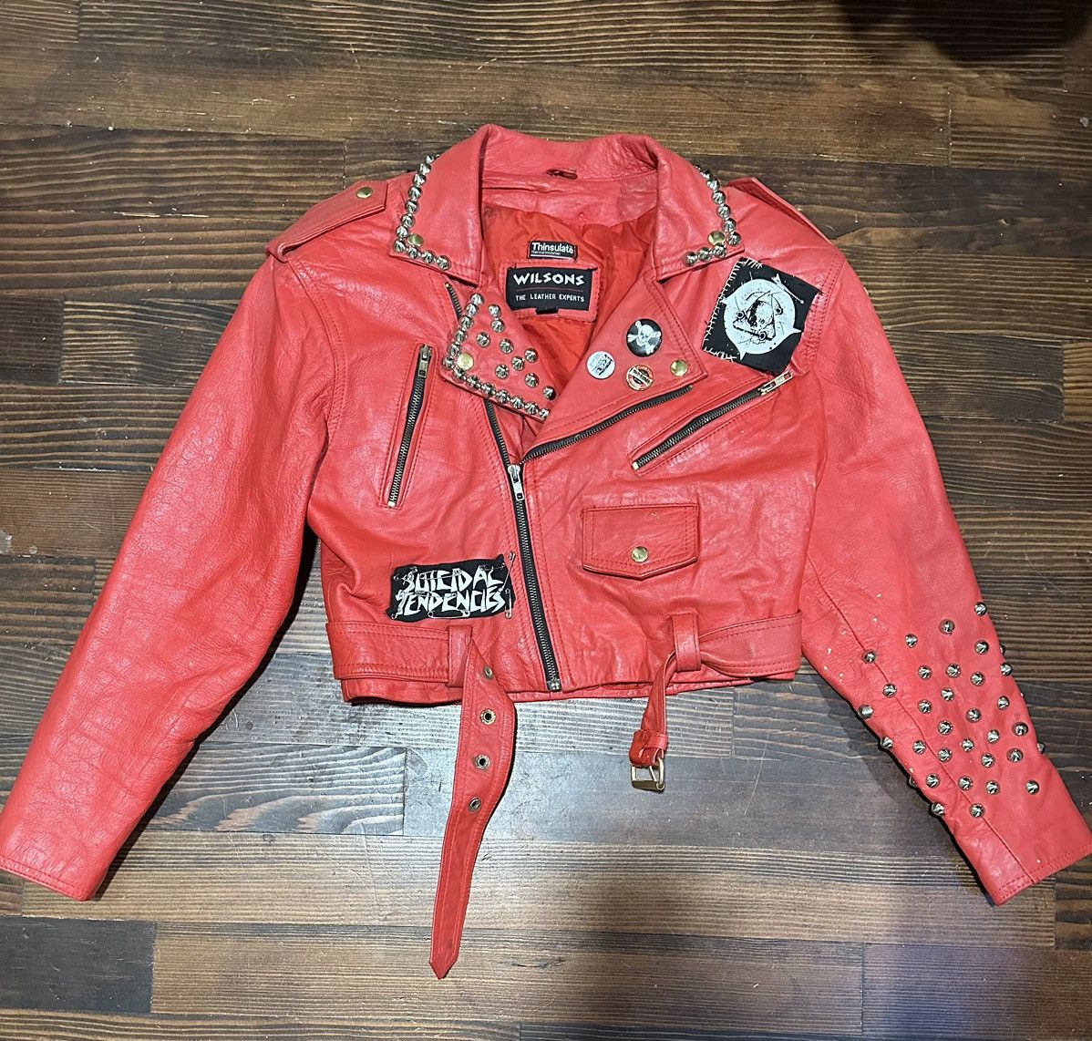 image of Genuine Leather Napalm Death Spiked/studded Leather Jacket in Red, Men's (Size Small)