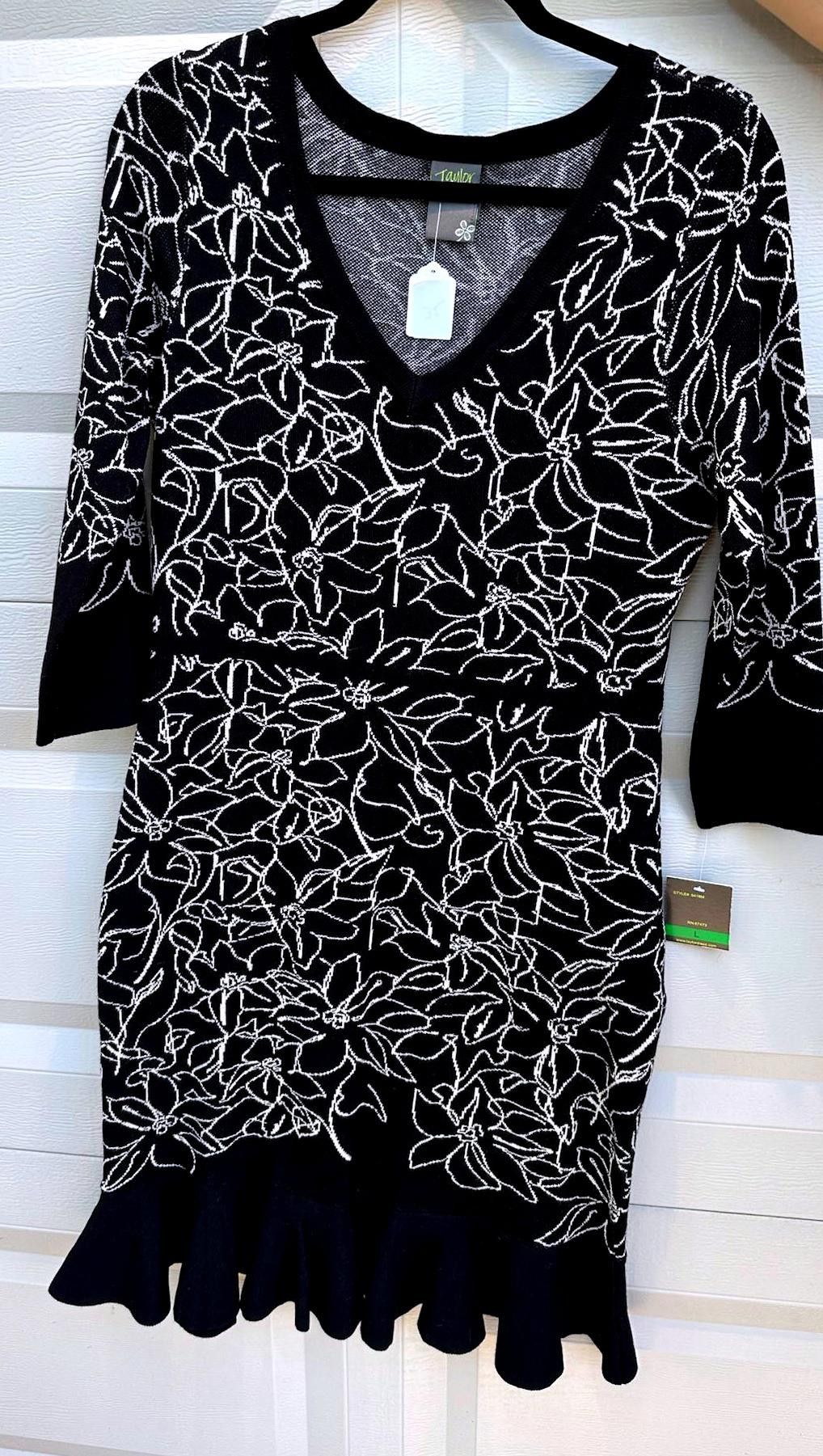 Ann Taylor Elegant Taylor Black Floral Dress with V-Neck and Ruffle Hem Size L / US 10 / IT 46 - 1 Thumbnail