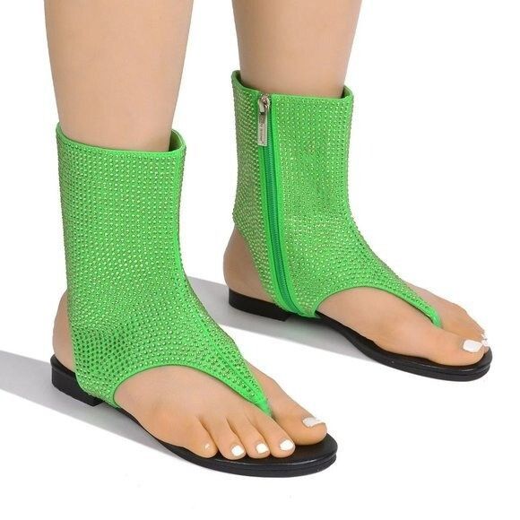 Other Just Doit Rhinestones Flat Bootie Thong Sandals Green (US Sh Size US 7.5 / IT 37.5 - 8 Thumbnail