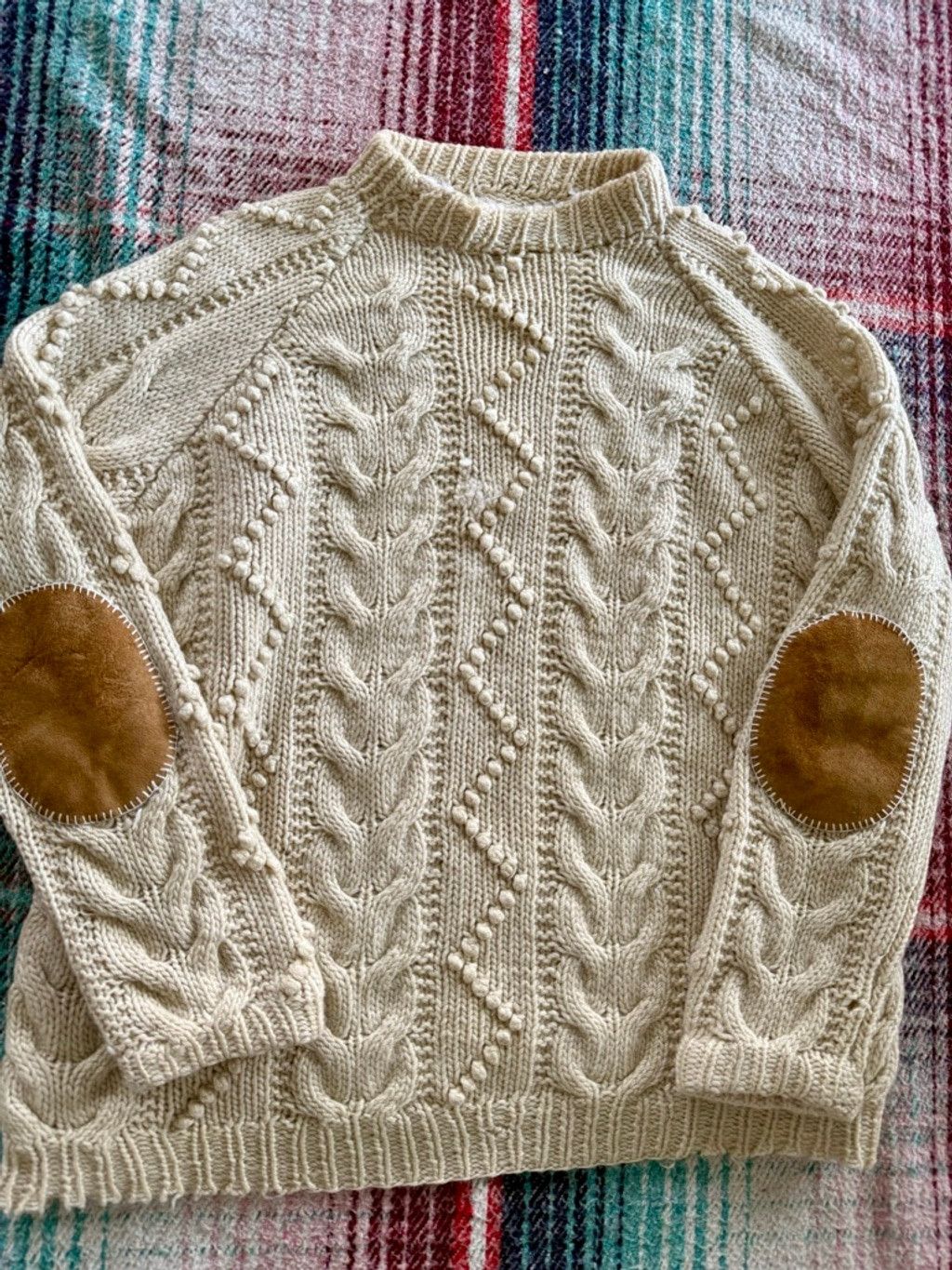 Vintage 70s Hand Knit Cable Suede Elbow Patch Fisherman Sweater L Size US L / EU 52-54 / 3 - 2 Thumbnail