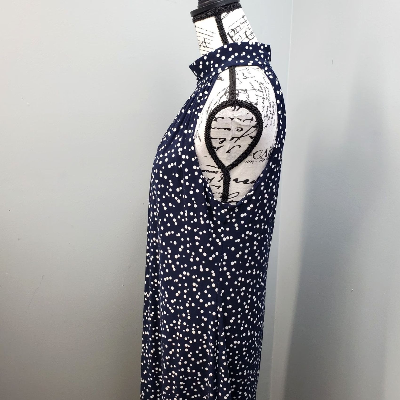 Vintage American Living Women 14 Navy White Polka Dot Halter Neck Back Zip Sheath Dress Size XL / US 12-14 / IT 48-50 - 4 Thumbnail