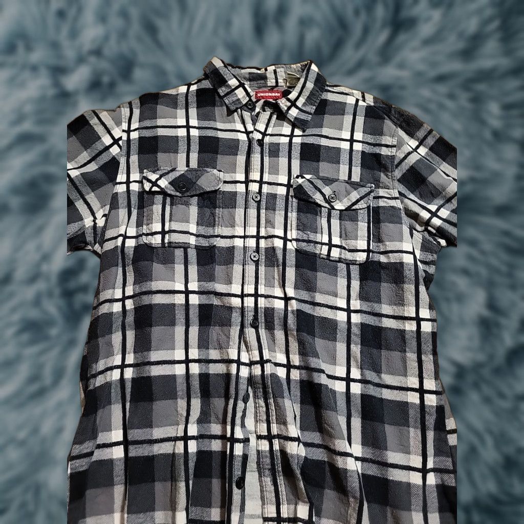 Vintage UNIONBAY Shirt XL Men 46" Chest Plaid Flannel Gray Black White Button-Up Long Sleeve Outdoor Pockets Easy Care Size US XL / EU 56 / 4 - 1 Thumbnail