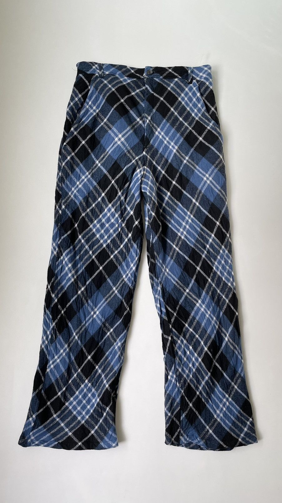 image of Comme Des Garcons Check Wool Flared Leg Trousers in Blue, Men's (Size 36)