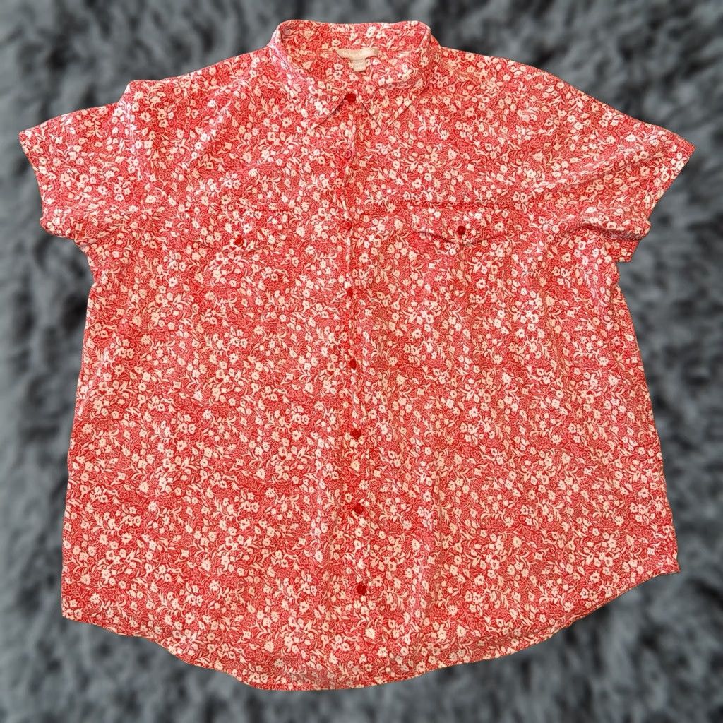 Vintage Woman Within Red Floral Short Sleeve Button Down Shirt 1X 22/24 Womens Blouse Casual Spring Summer Floral Pattern Pockets Button-Front Size XL / US 12-14 / IT 48-50 - 1 Thumbnail