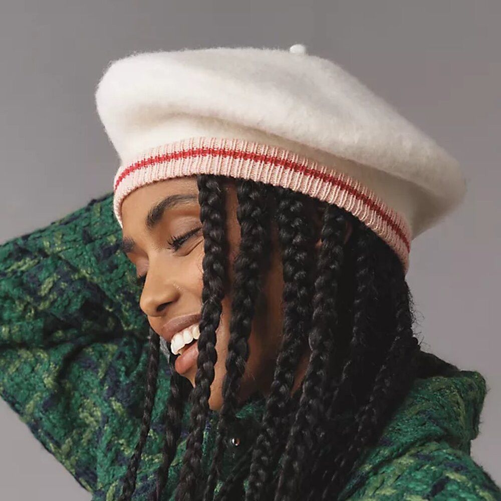 Anthropologie New Anthropologie Varsity Stripe White Wool Beret Size ONE SIZE - 1 Thumbnail