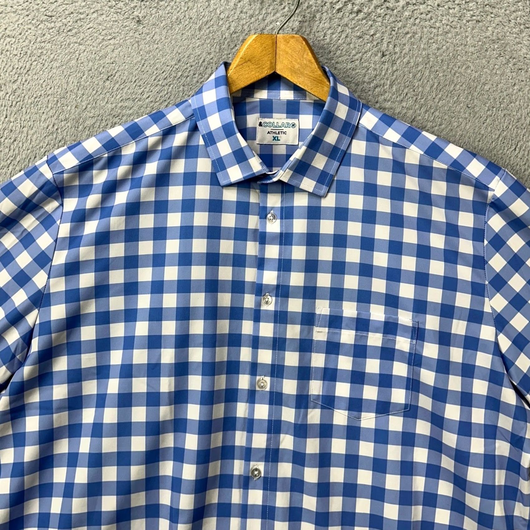 Vintage VINTAGE? No, not vintage. Collaro Athletic Shirt Men XL Blue Check Gingham Short Sleeve Button-Up Casual Sports Preppy Menswear 52 in Chest 29 in Size 46R - 6 Thumbnail