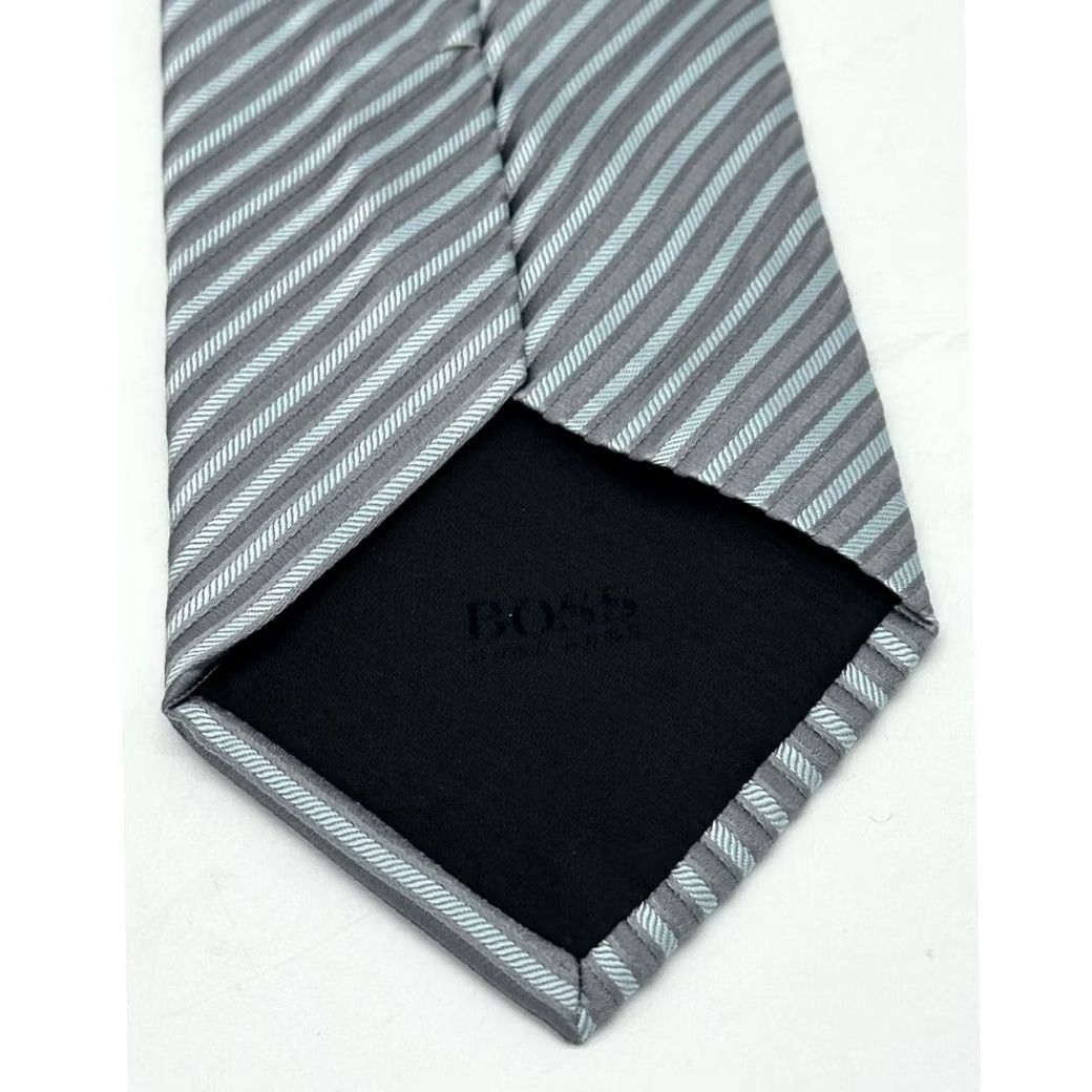 Hugo Boss HUGO BOSS Necktie Adult Grey Blue Striped 100% Silk Tie Office Career Mens Size 44L - 2 Thumbnail