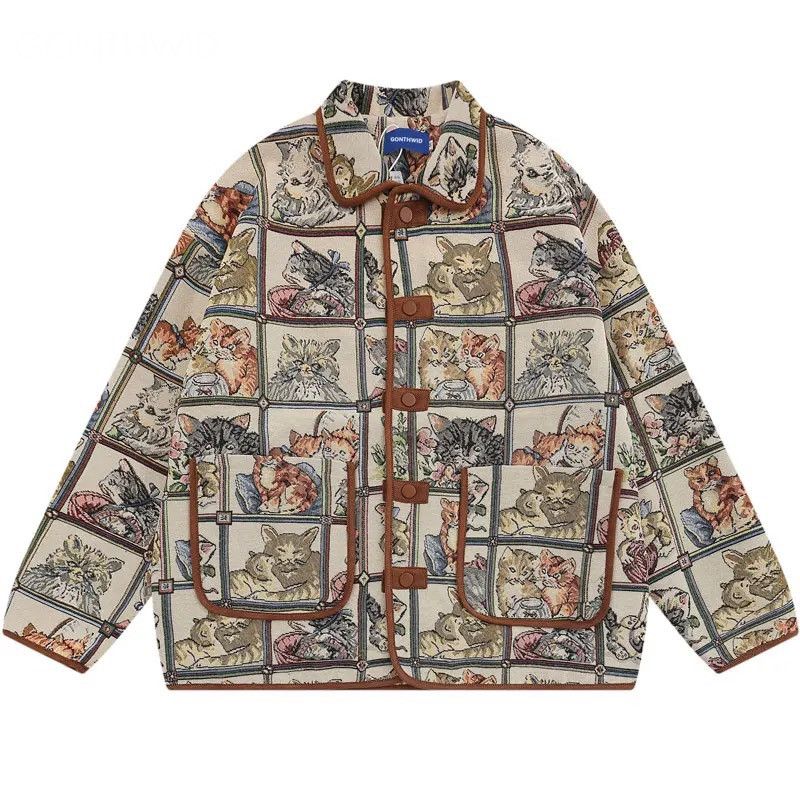 image of Avant Garde Oversize Cat Graphic Vintage Jacket in Khaki, Men's (Size XL)