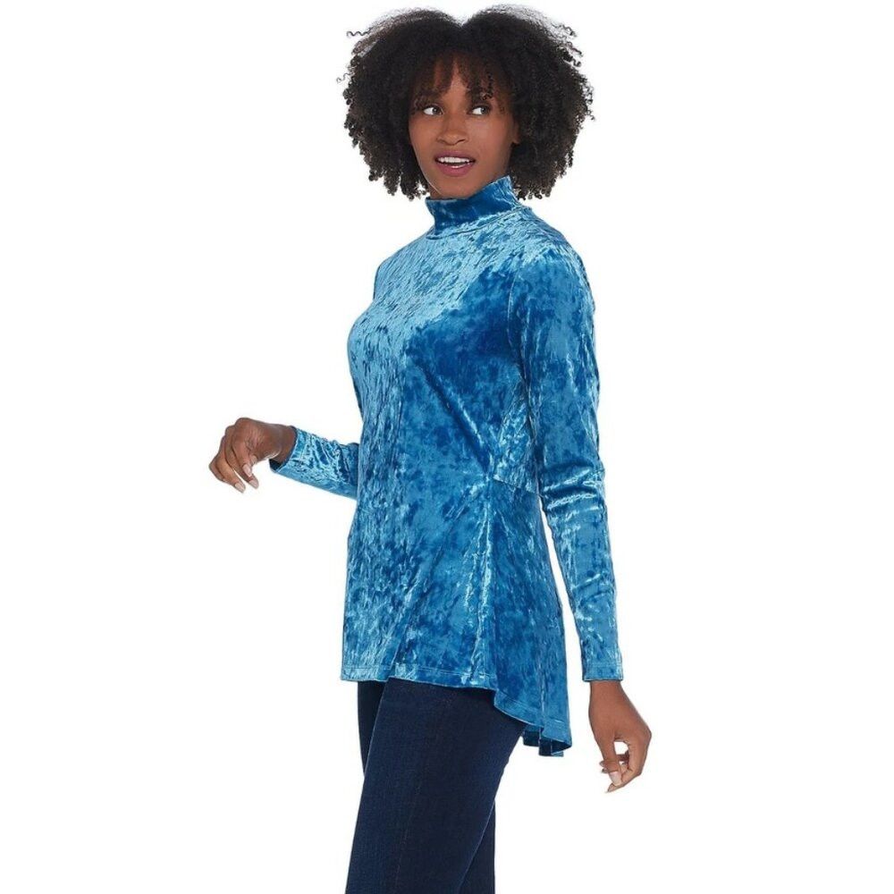 Isaac Mizrahi Isaac Mizrahi Live! Blue Crushed Velvet Mock-Neck Peplum To Size L / US 10 / IT 46 - 1 Thumbnail