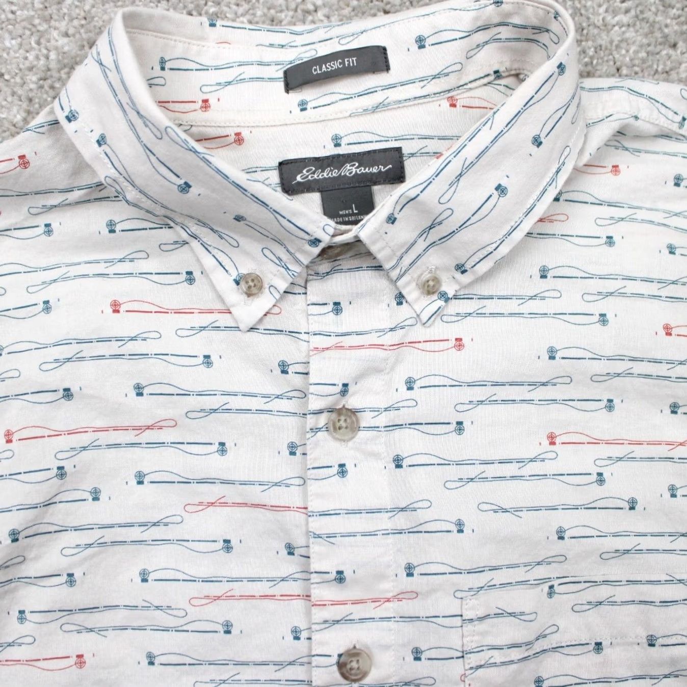 Eddie Bauer Eddie Bauer Shirt Mens Large White/Red/Blue 100% Cotton Button-Up Short Sleeve Classic Fit Regular Geometric Pattern Chest 24in Size US L / EU 52-54 / 3 - 5 Thumbnail