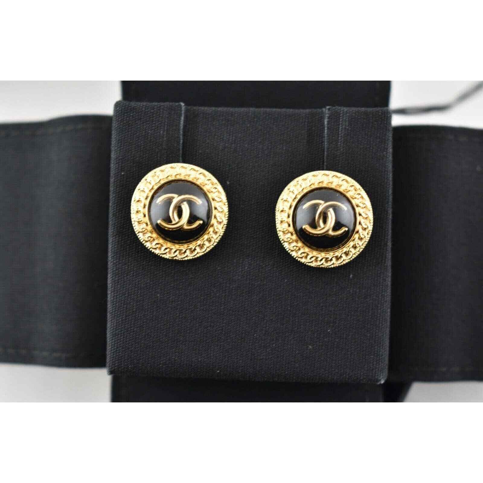 Chanel Chanel Gold Black Chain Link Dangle Statement Stud Earrings Size ONE SIZE - 7 Thumbnail
