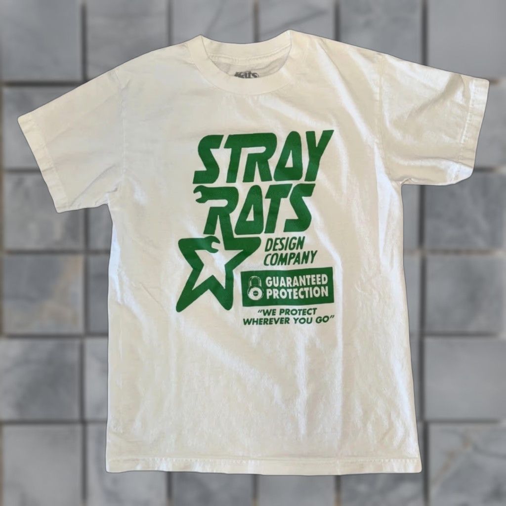 VINTAGE Stray Rats Design Company Graphic T-Shirt White Small 17x24 Mens T-Shirt Designer Streetwear