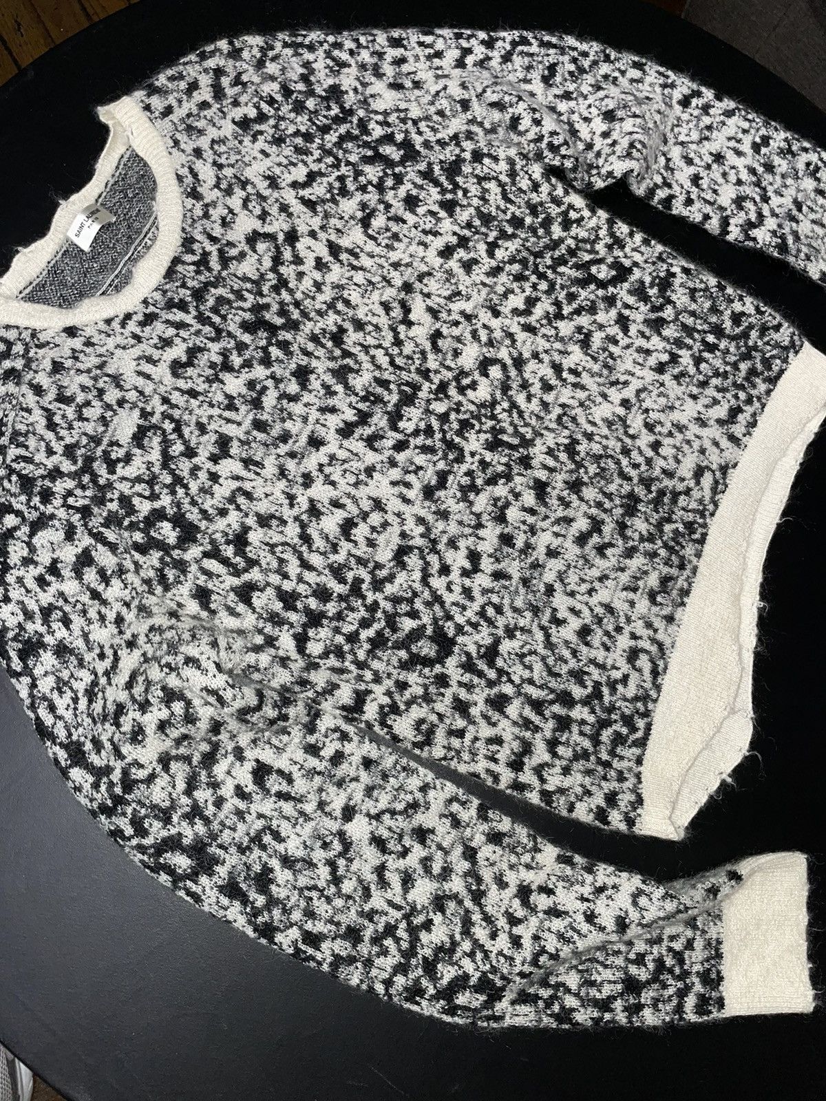 image of Saint Laurent Paris Saint Laurent Leopard Print Distressed Mohair Sweater in Black/Off White (Size 