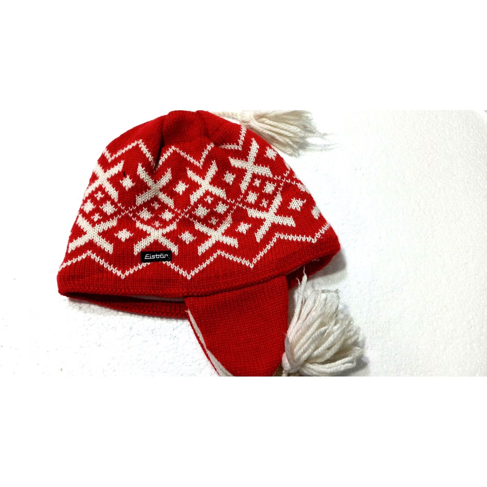 Vintage VINTAGE Eisbar Beanie Hat One Size Wool Blend Ear Flap Fair Isle Red White Knit Mens Womens Unisex Adults Boys Girls Size ONE SIZE - 2 Thumbnail