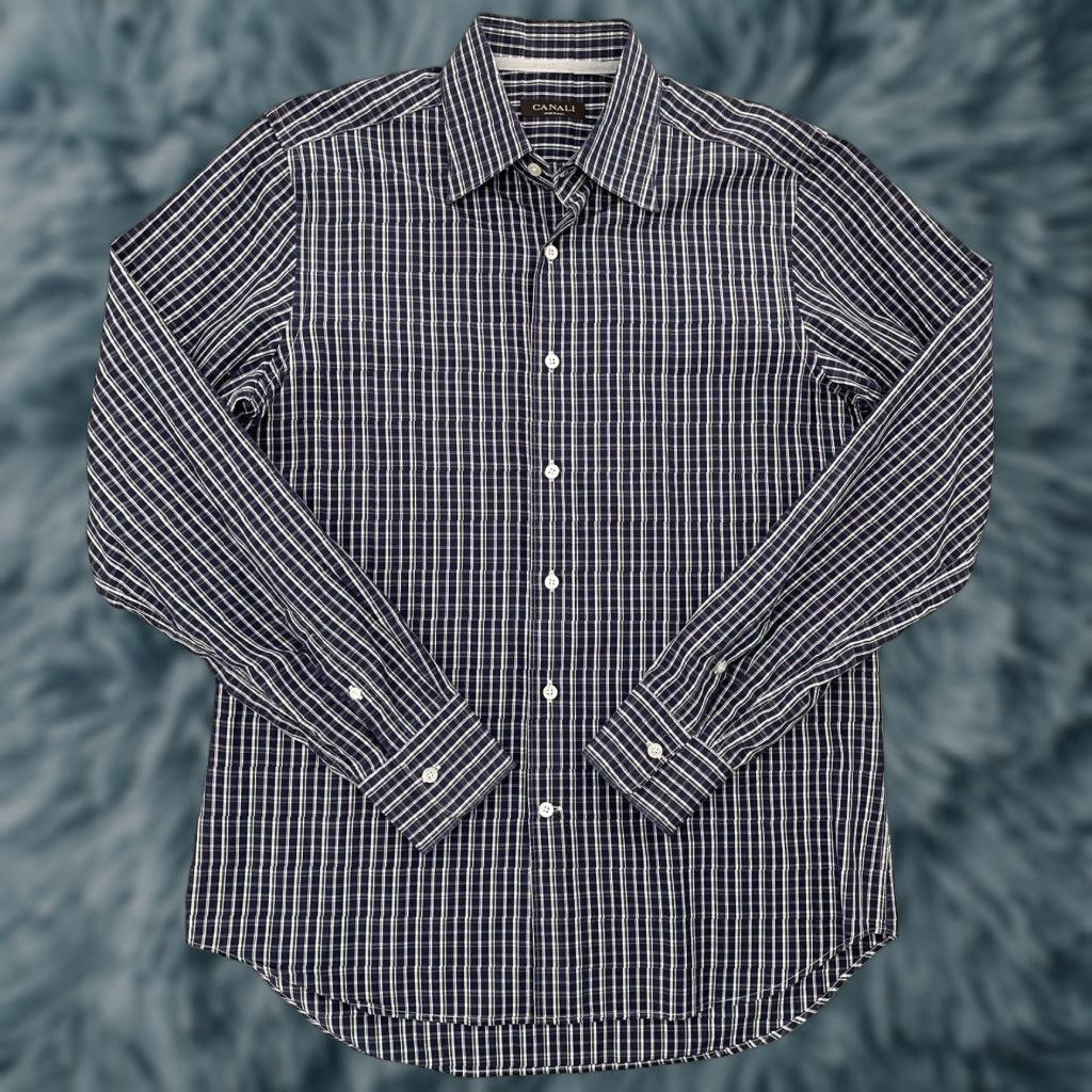 Canali VINTAGE Canali Dress Shirt Men Large Blue Plaid Long Sleeve Cotton Italy Classic 90s Size US L / EU 52-54 / 3 - 1 Thumbnail