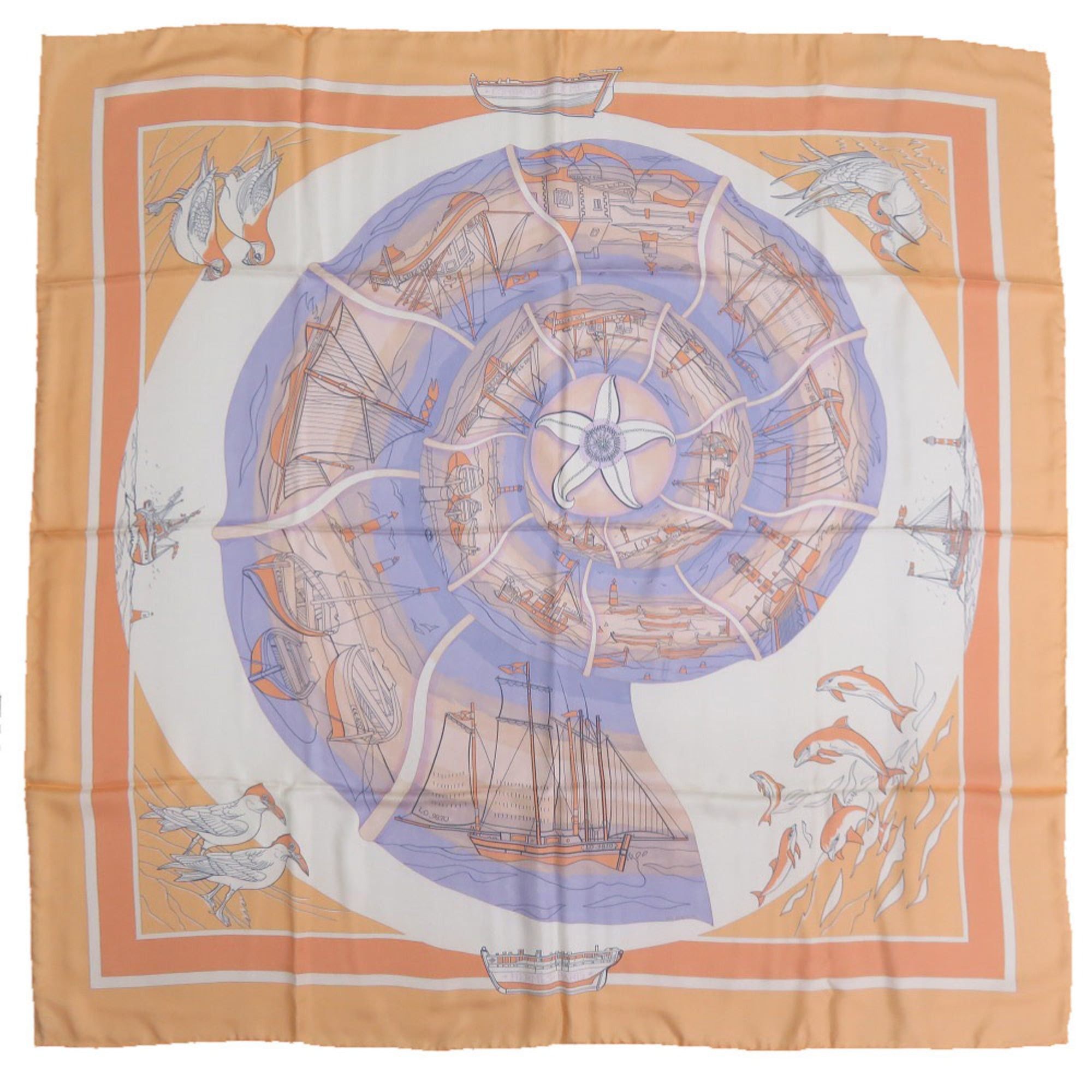 Hermes Hermes Excellent condition Hermès Carré 90 "Friends of the Sea" silk scarf in orange and pastel purple (1061) Size ONE SIZE - 1 Thumbnail