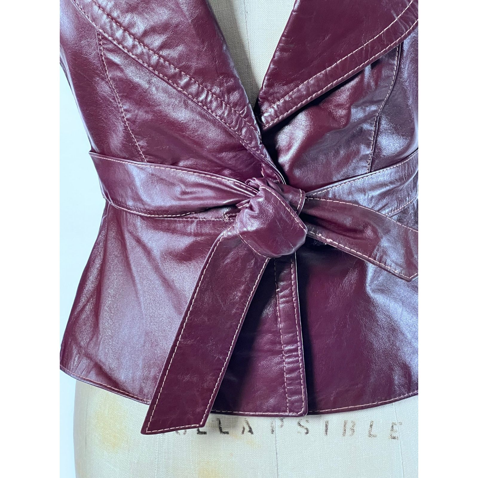 Vintage VTG 70s Plum Fitted Leather Peplum Jacket Tie Waist XS Size XS / US 0-2 / IT 36-38 - 8 Thumbnail