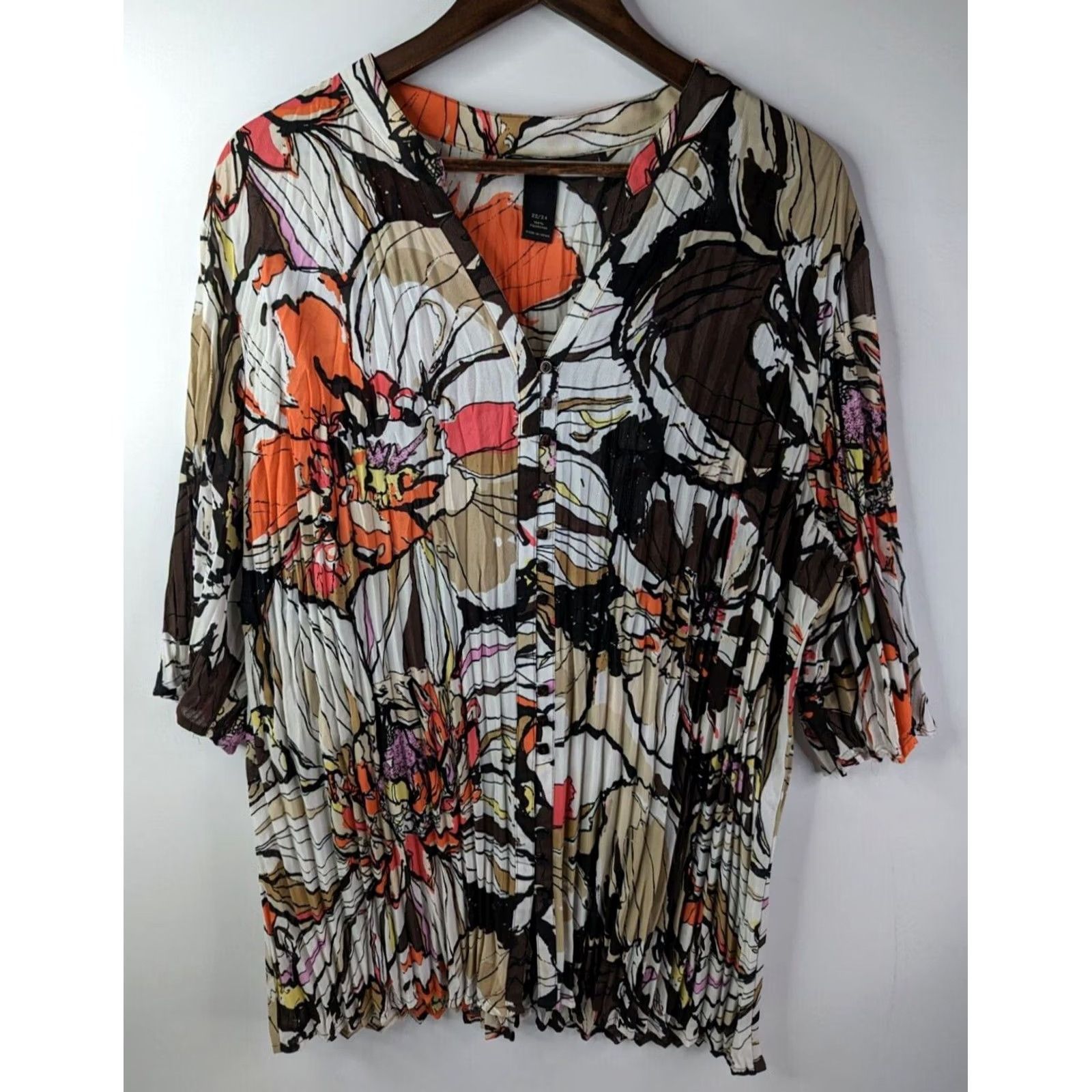 Vintage Lane Bryant Floral Blouse 3/4 Sleeve Button Shirt Womens Brown 22 V-Neck Casual All Seasons Regular Styling Size 3XL / US 20-22 - 2 Thumbnail