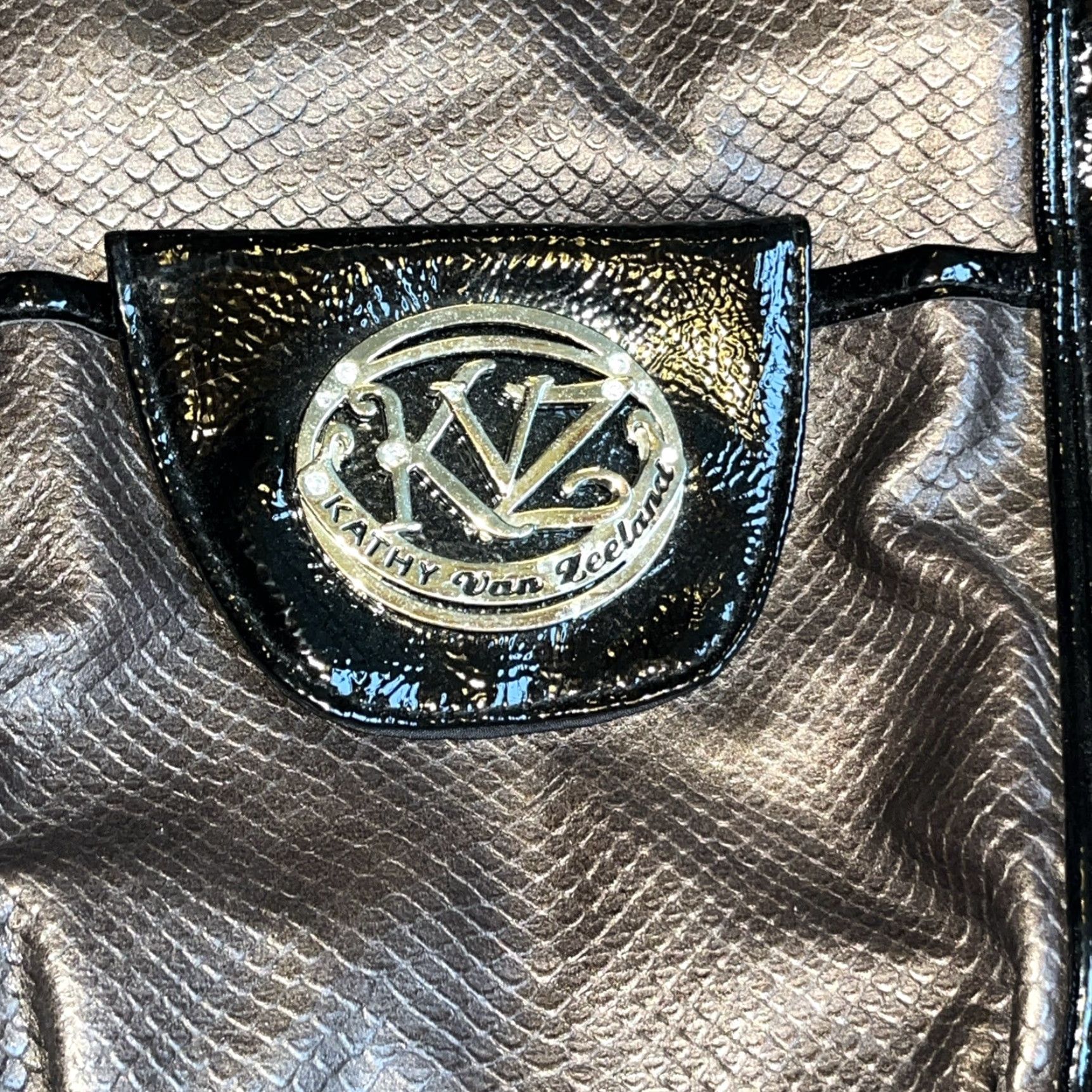 Doublet VINTAGE Kathy Van Zeeland Shoulder Bag Croc Embossed Brown Black Silver Studs Slouchy Boho Double Straps Size ONE SIZE - 2 Thumbnail