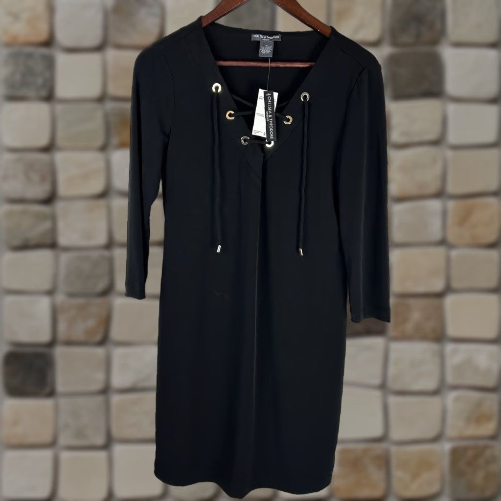 Vintage Chelsea & Theodore Womens Shift Dress Lace Up Front Long Sleeve Black Med Knee Length Stretch Casual, Party/Cocktail Size M / US 6-8 / IT 42-44 - 1 Thumbnail