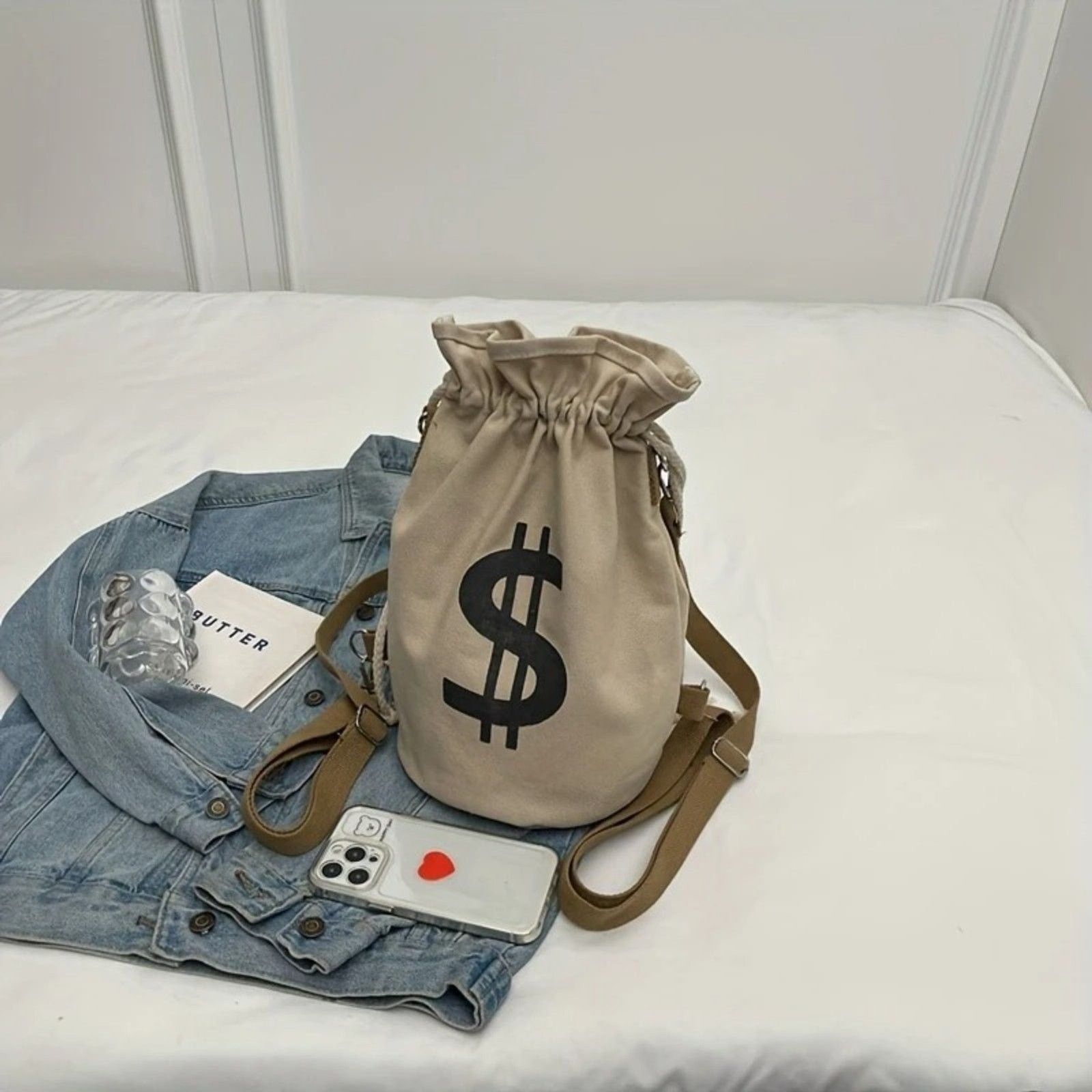 Other Bank Heist Money Bag Satchel Canvas Backpack - Beige Size ONE SIZE - 5 Thumbnail