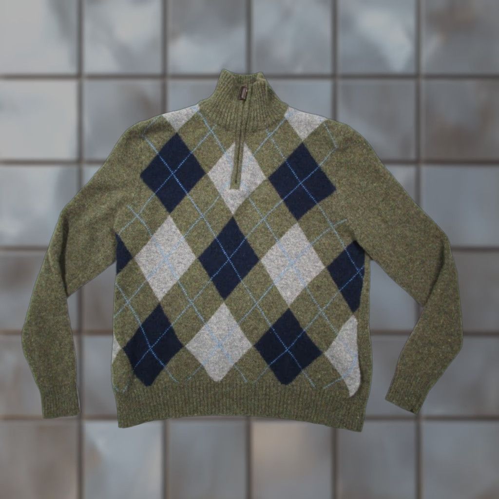 J.Crew VINTAGE J.CREW Men's Sweater Pullover 1/4 Zip Wool Green Argyle Classic Casual Winter Medium Size US L / EU 52-54 / 3 - 1 Thumbnail
