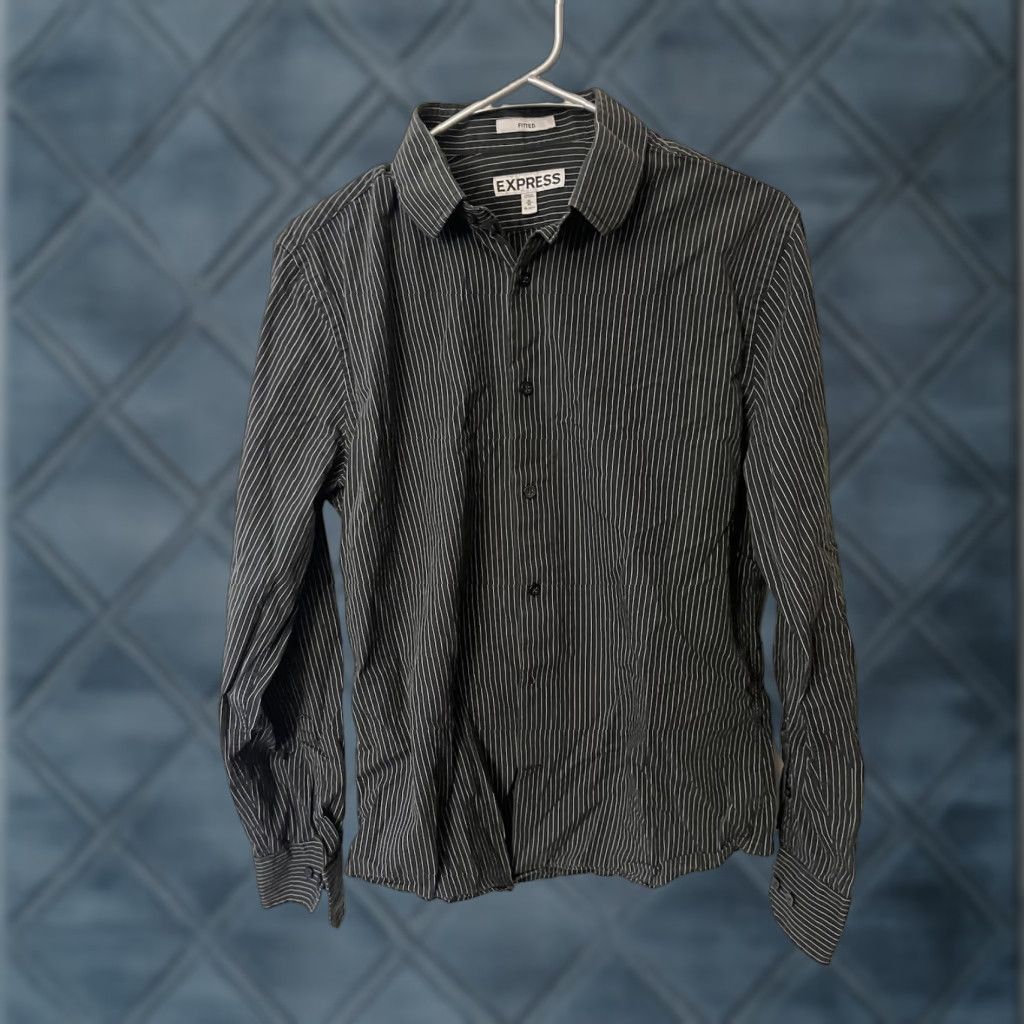 Express VINTAGE Express Mens Medium Fitted Striped Button Down Shirt Black Striped Size US M / EU 48-50 / 2 - 1 Thumbnail